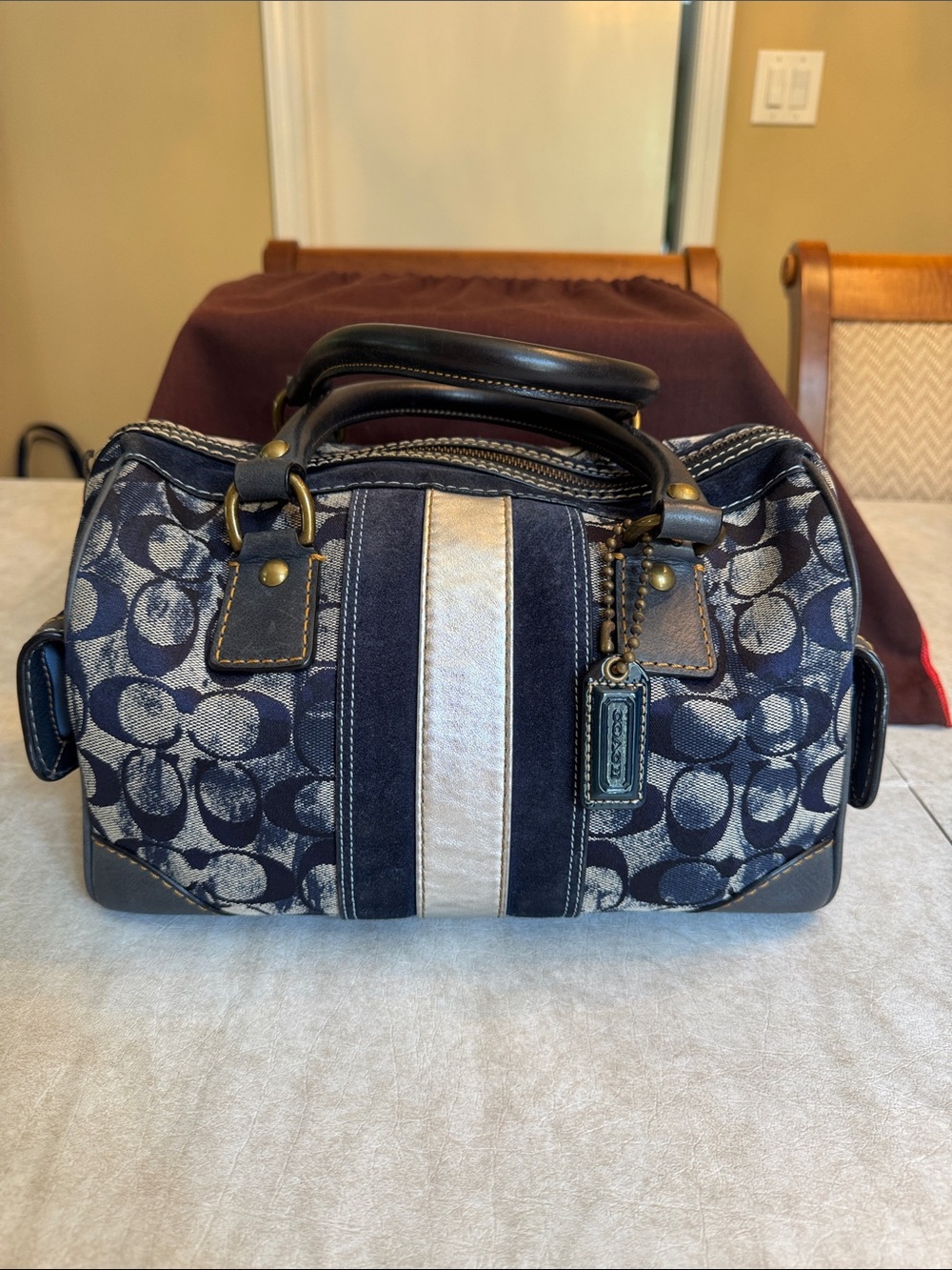 Coach Navy Signature Stripe Satchel